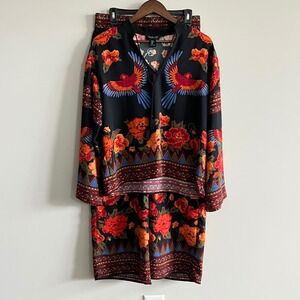 Rachel Zoe Women's 2 Pc Set Floral Tropical Bird Tunic Top Wide Leg Pants M